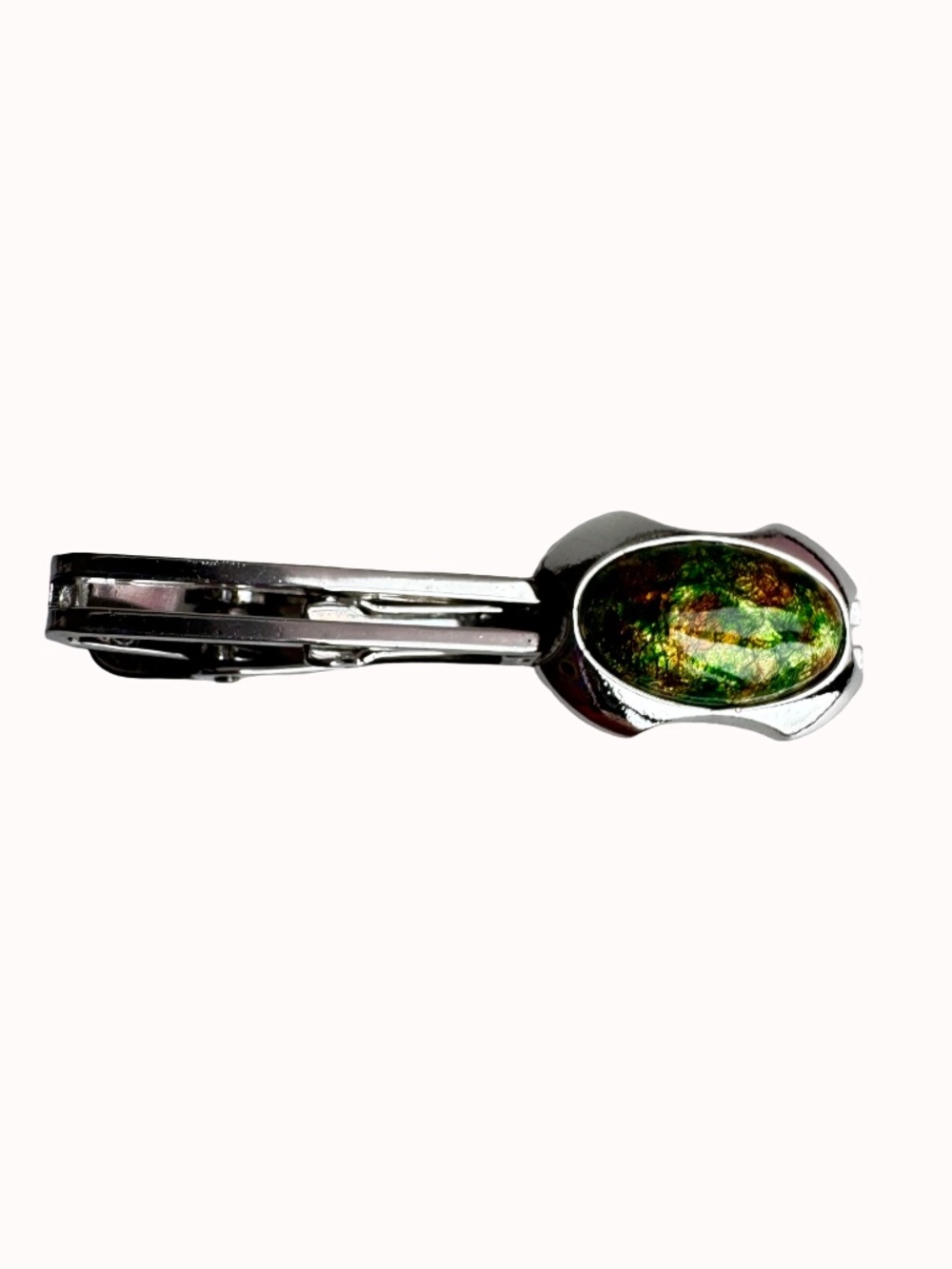 Vintage Green Cloisonne Tie Clip Bar Silver Tone Oval Enamel Mens Formal Groom